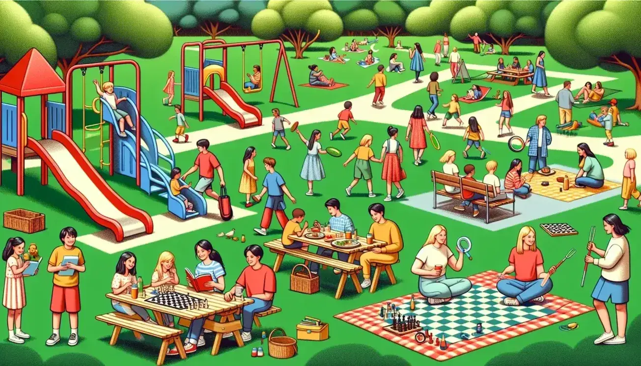 Grupo diverso disfrutando de un parque soleado con niños en columpios coloridos, adultos en mantas, picnic familiar y juego de ajedrez al aire libre.