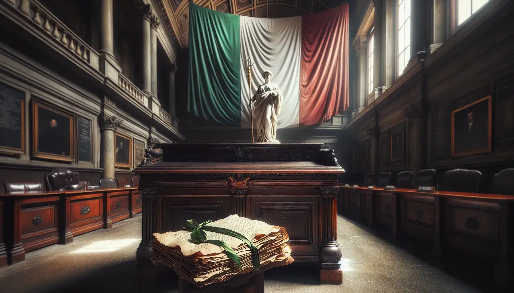 Sala storica italiana con scrivania in legno scuro, documenti legati da nastro tricolore, statua marmorea, sedie in velluto rosso e bandiera italiana.