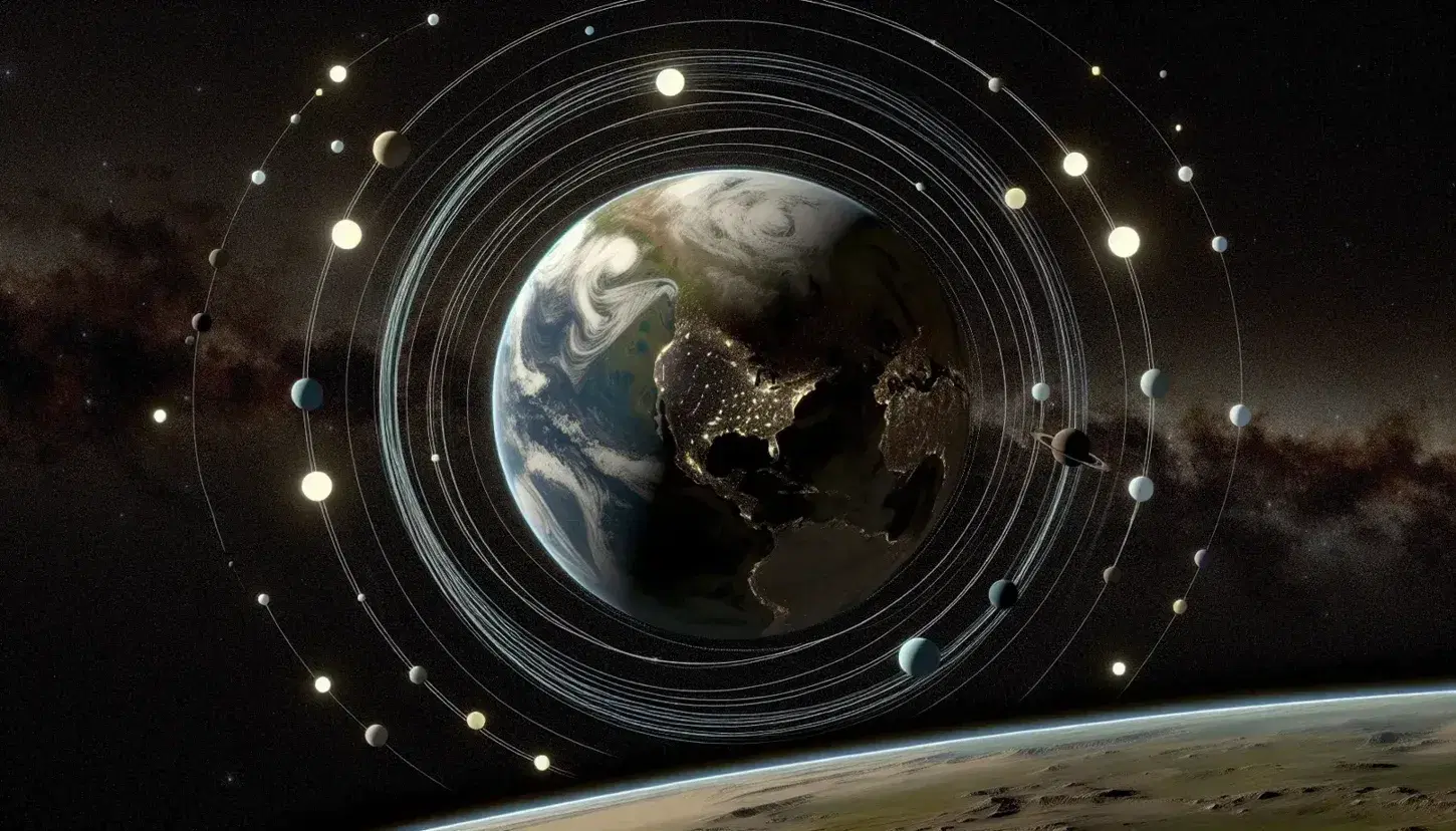 Cielo stellato notturno con pianeta parzialmente illuminato, orbite celesti stilizzate e paesaggio terrestre in ombra.