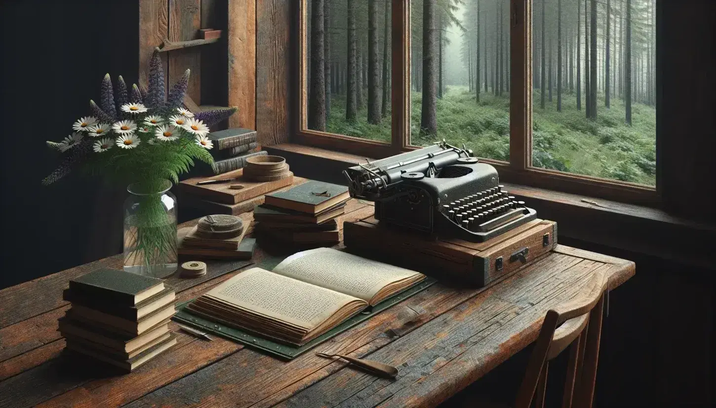 Rustic wooden desk with vintage typewriter, stack of high-quality paper, open book, and vase of wildflowers by a forest-view window.
