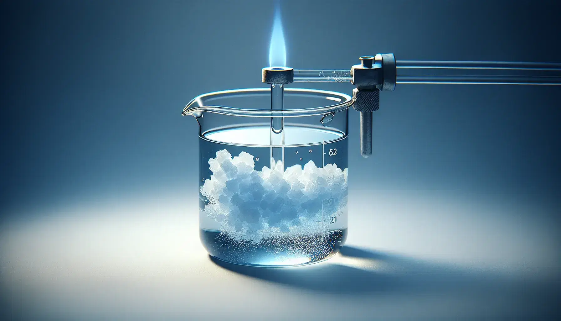 Glass beaker with light blue transparent liquid and white crystals on the bottom, heated by a Bunsen burner, next to a glass rod.