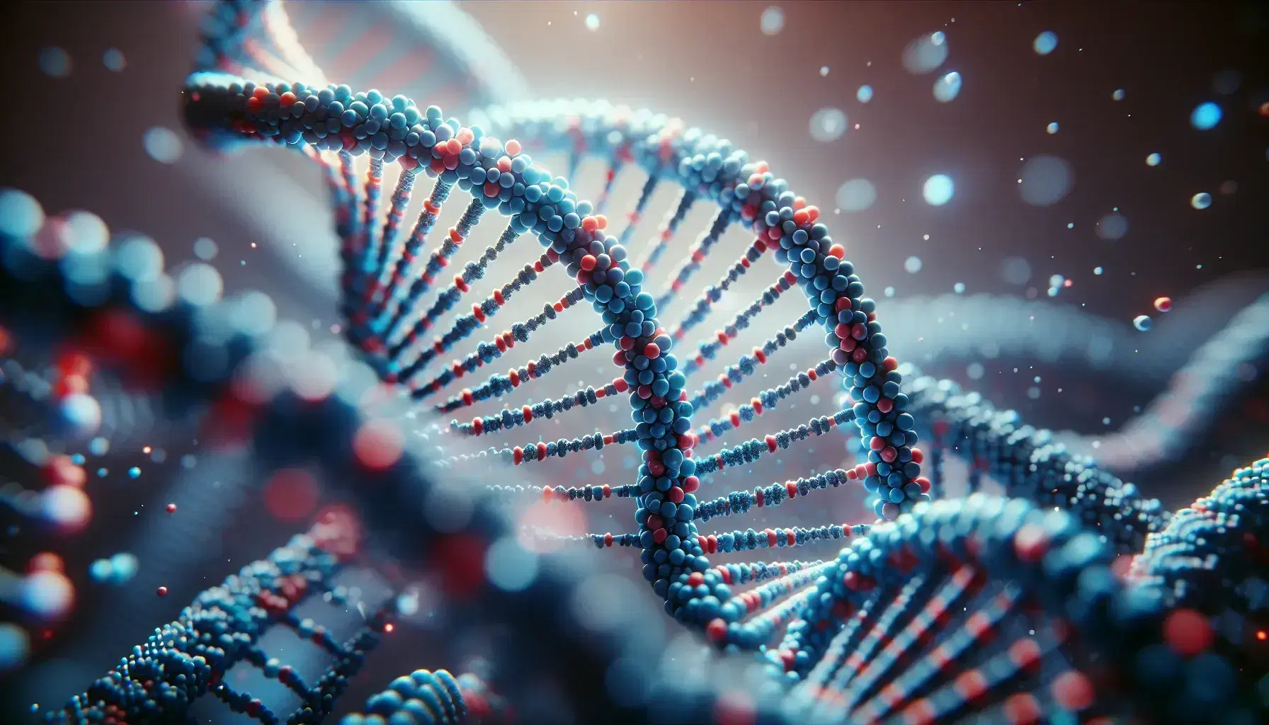 Estructura detallada de una doble hélice de ADN en 3D con bases nitrogenadas en azules y rojos y esqueleto de fosfato en grises, sobre fondo neutro.