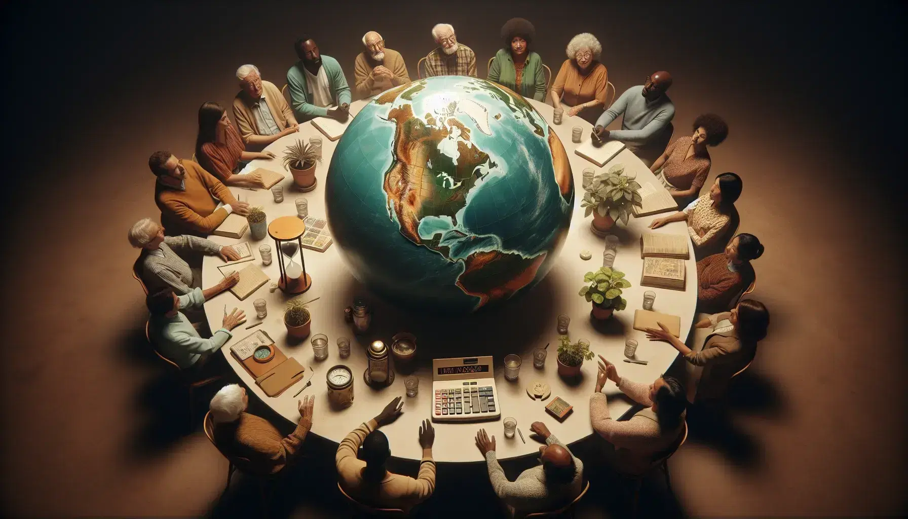 Grupo diverso de personas en animada discusión alrededor de una mesa con un globo terráqueo, calculadora vintage, reloj de arena y planta joven.