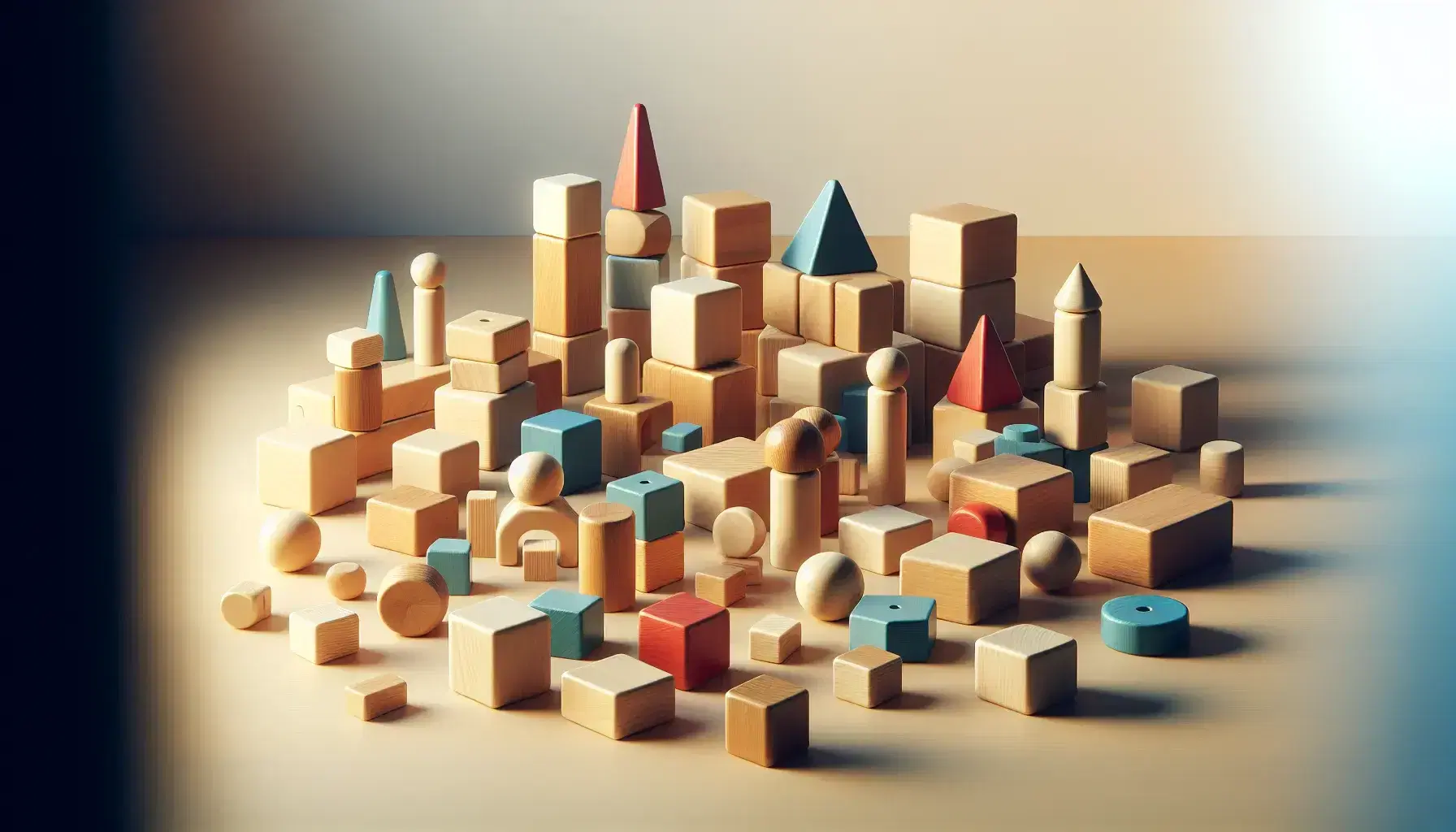 Bloques de construcción de madera en formas geométricas y colores variados sobre superficie clara, algunos apilados creando estructuras simples.