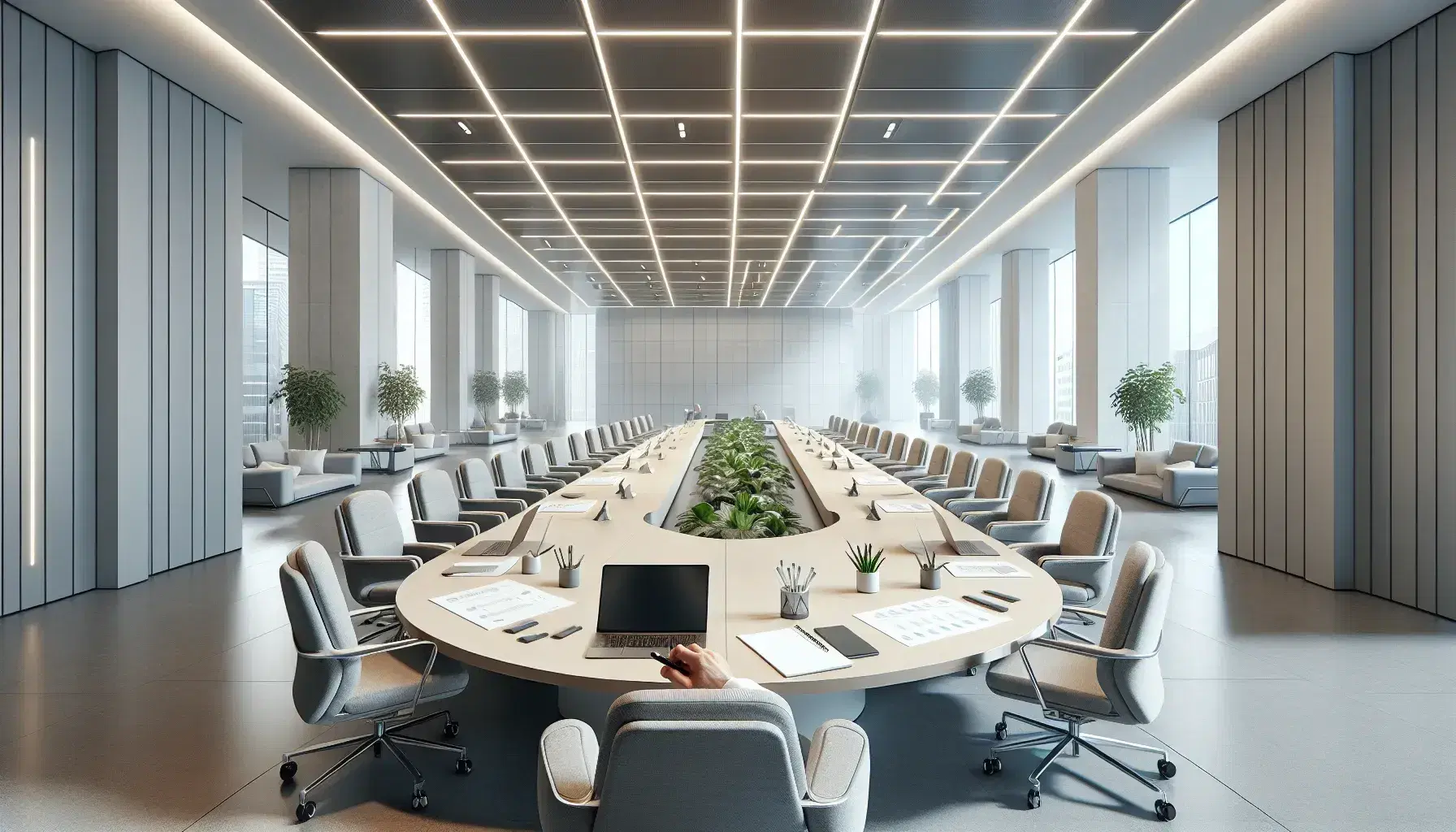 Sala riunioni moderna e luminosa con grande tavolo ovale, sedie ergonomiche grigie, laptop e fogli, finestre ampie con vista urbana.