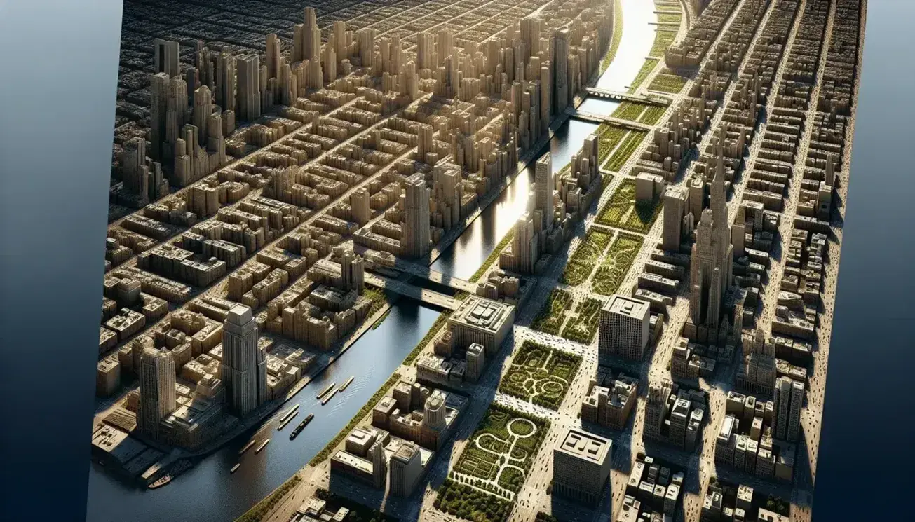 Vista aérea de una sección urbana con edificios de distintas alturas, calles entrelazadas, áreas verdes y un río reflejando la luz del día.