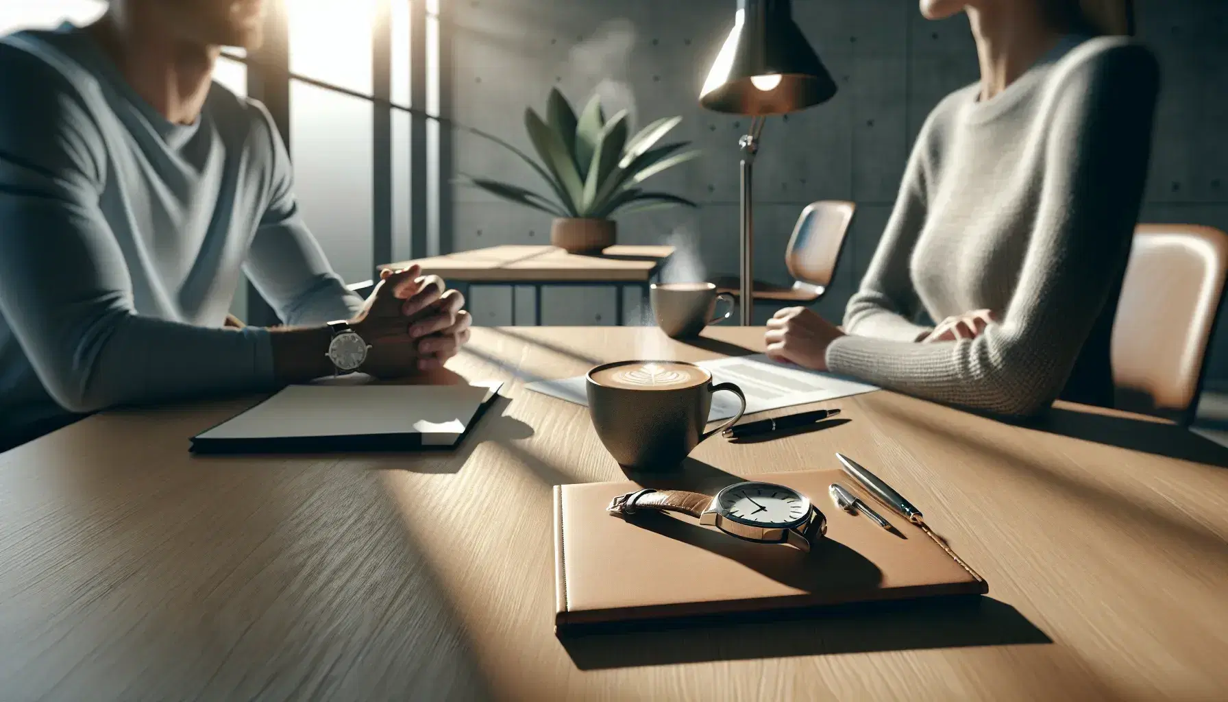Oficina iluminada con ventana grande, mesa de madera con dos tazas de café, cuaderno, bolígrafo y reloj, dos personas en reunión seria.