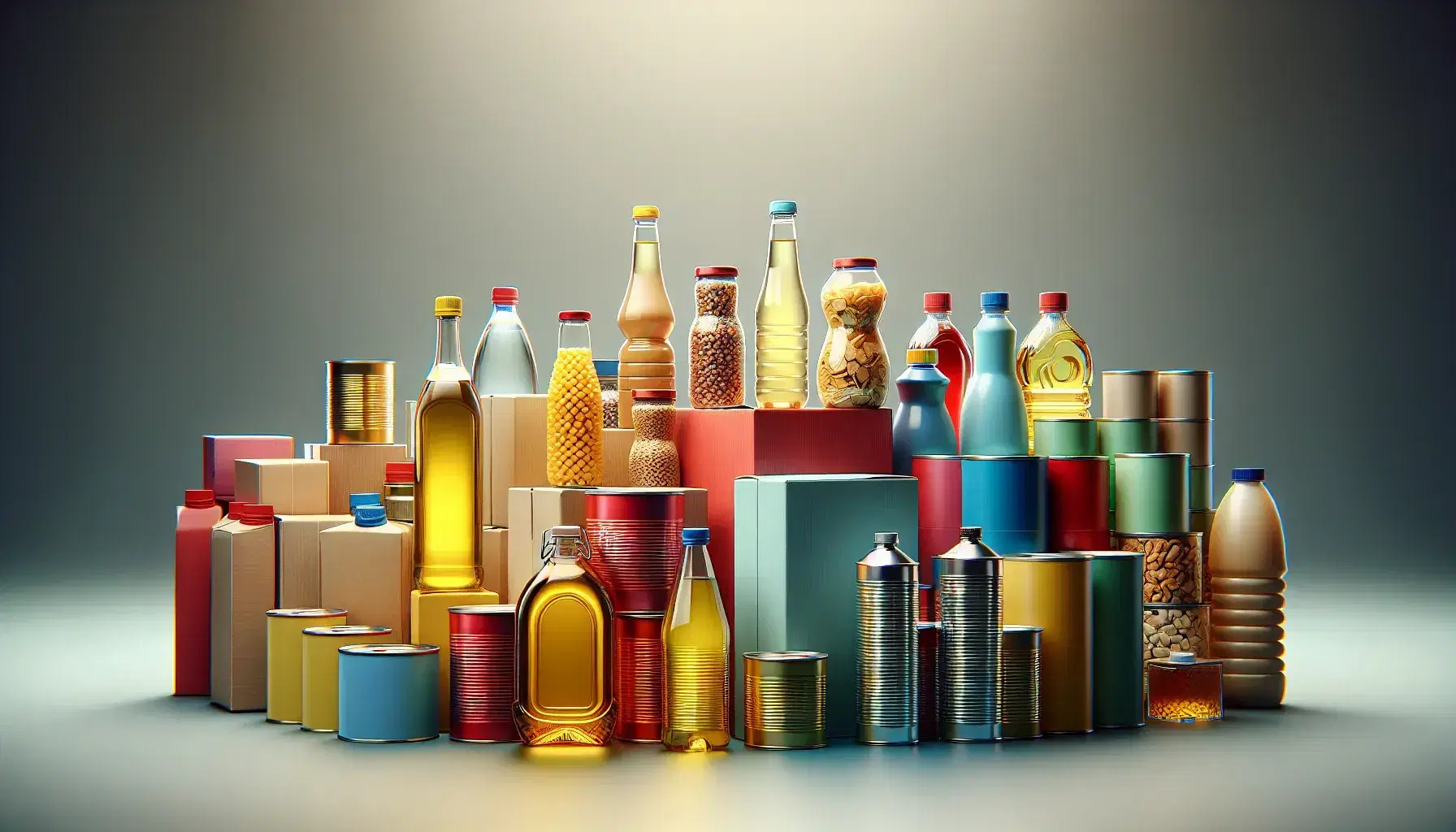 Productos de supermercado ordenados en superficie neutra, incluyendo botella de líquido amarillo, caja azul, tarro con contenido rojo y botellas de agua.