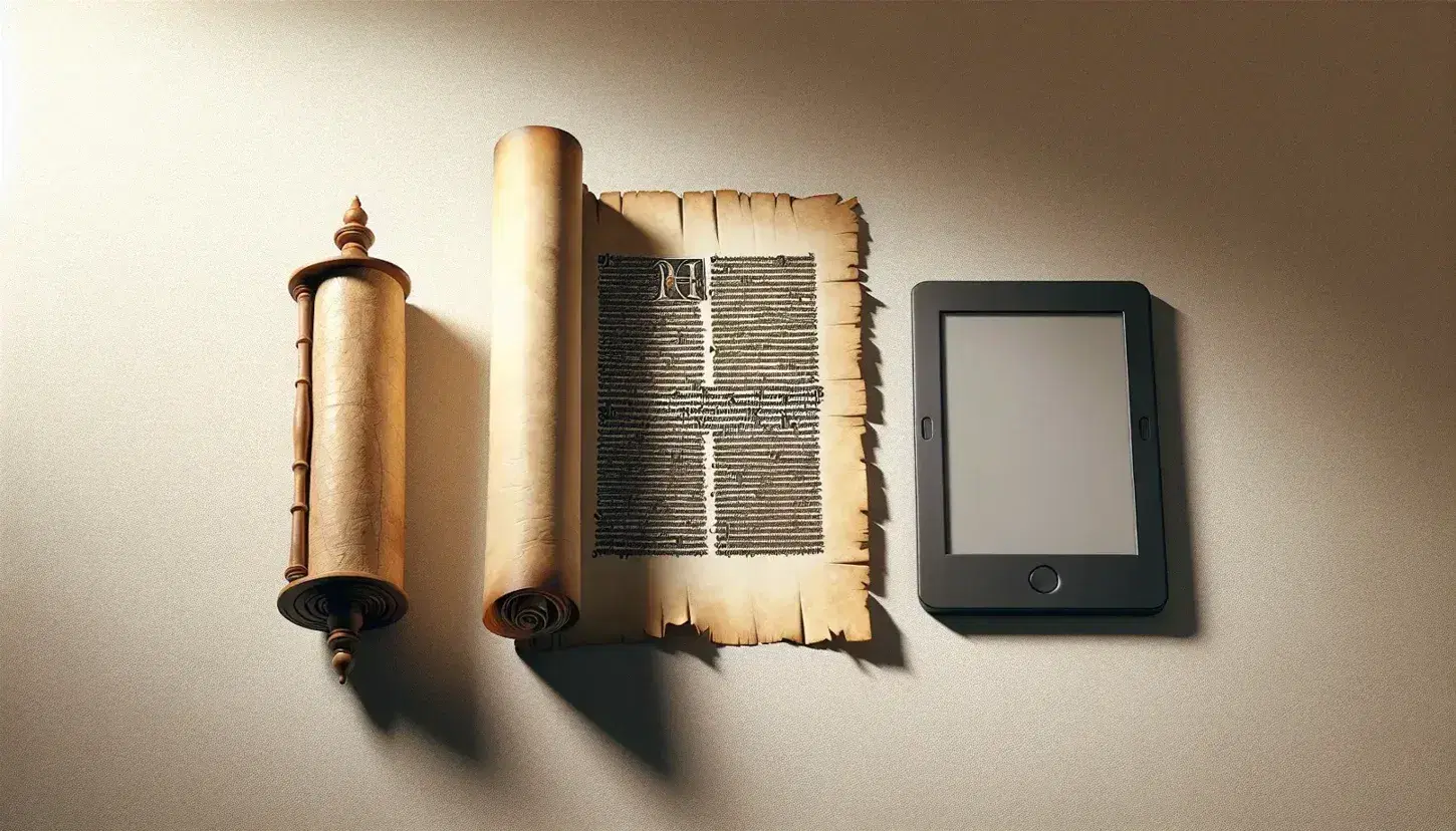 Evoluzione del libro: rotolo di pergamena, riproduzione stampa Gutenberg e e-reader moderno spento su sfondo neutro.