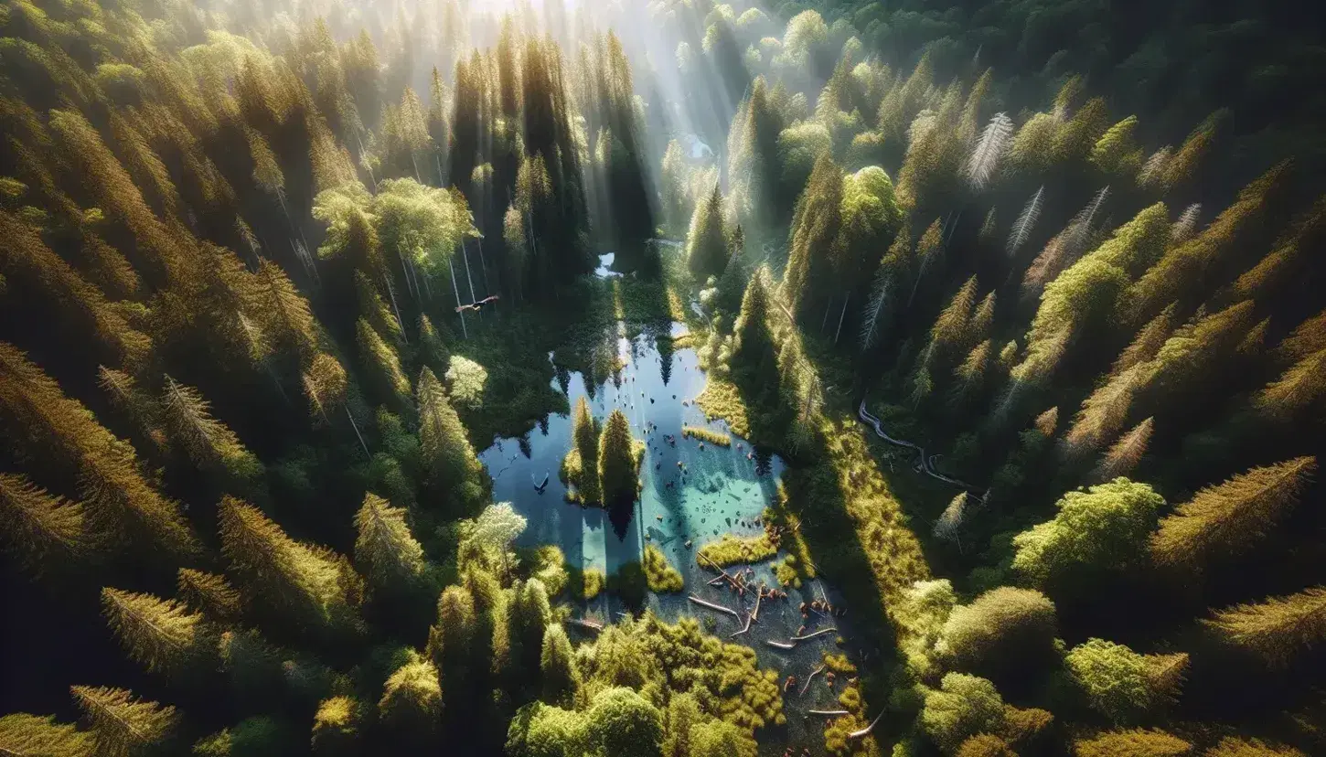 Bosque denso con variedad de árboles verdes, estanque central reflejando el sol, ciervos bebiendo agua y águila volando, sin rastro humano.