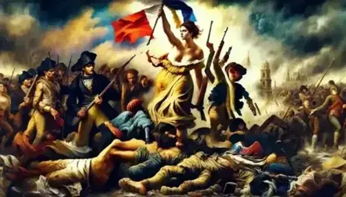 Donna forte con cappello frigio e bandiera tricolore guida ribelli in scena di rivolta, stile pittura romantica, sotto cielo tempestoso.