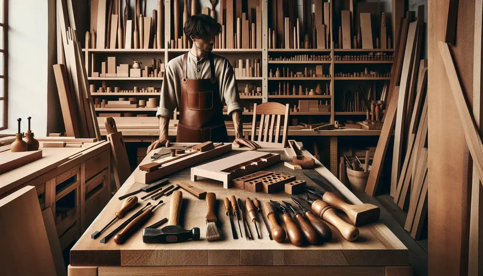 Craftsman in leather apron measures wood in a well-lit workshop with a workbench, hand tools, and a half-finished chair.