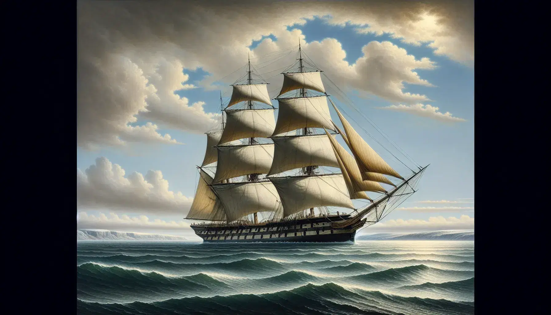 Velero HMS Beagle del siglo XIX navegando en aguas tranquilas con velas desplegadas bajo un cielo parcialmente nublado, con un fondo de costa lejana.