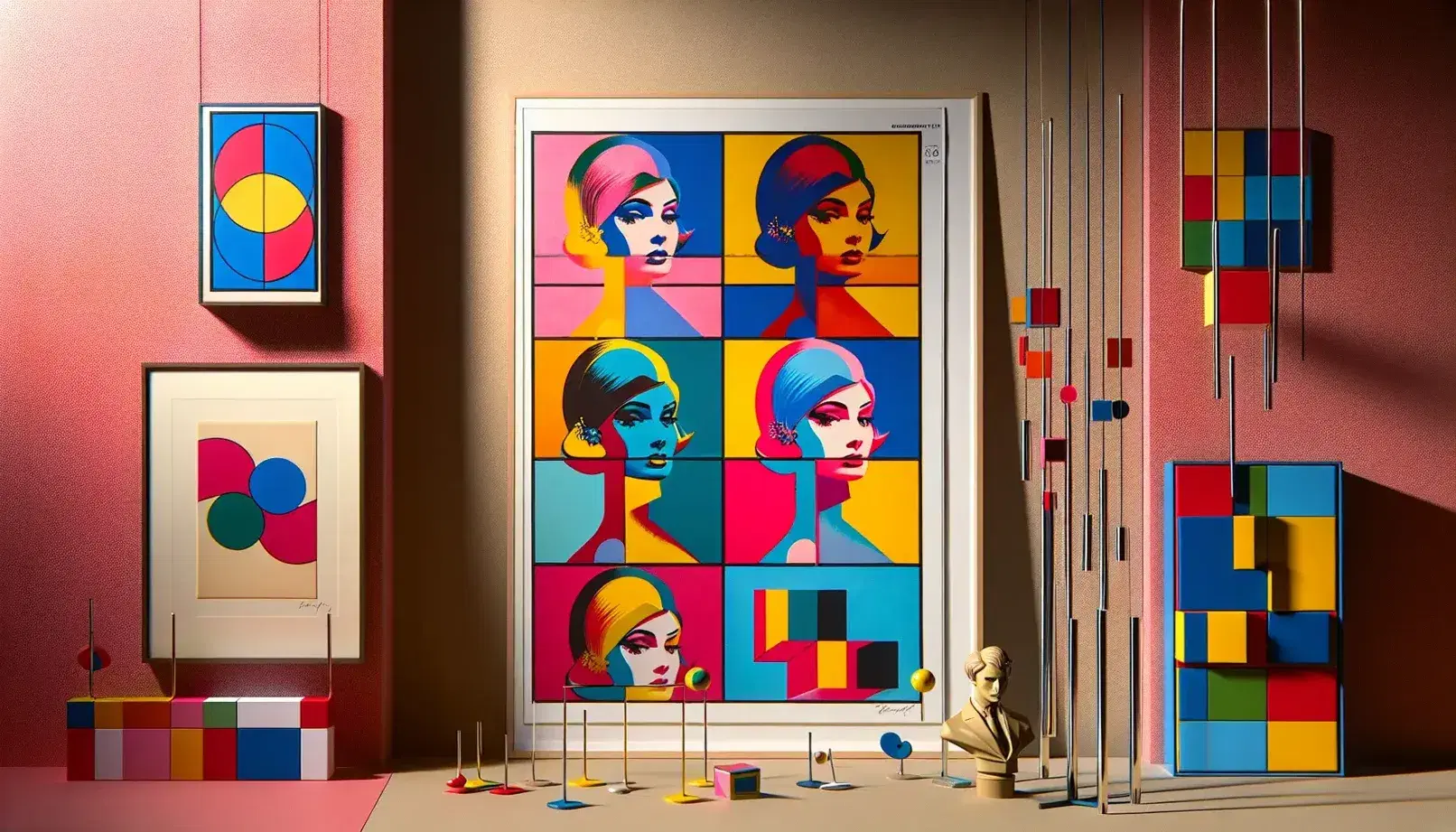 Composizione artistica in stile Pop Art con quadro di volto femminile colorato, scultura geometrica sospesa e tela monocromatica blu, su sfondo neutro.
