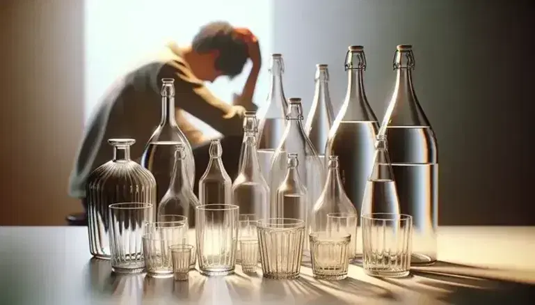 Colección de botellas de vidrio transparentes y vasos vacíos en superficie clara con figura humana desenfocada y preocupada al fondo.