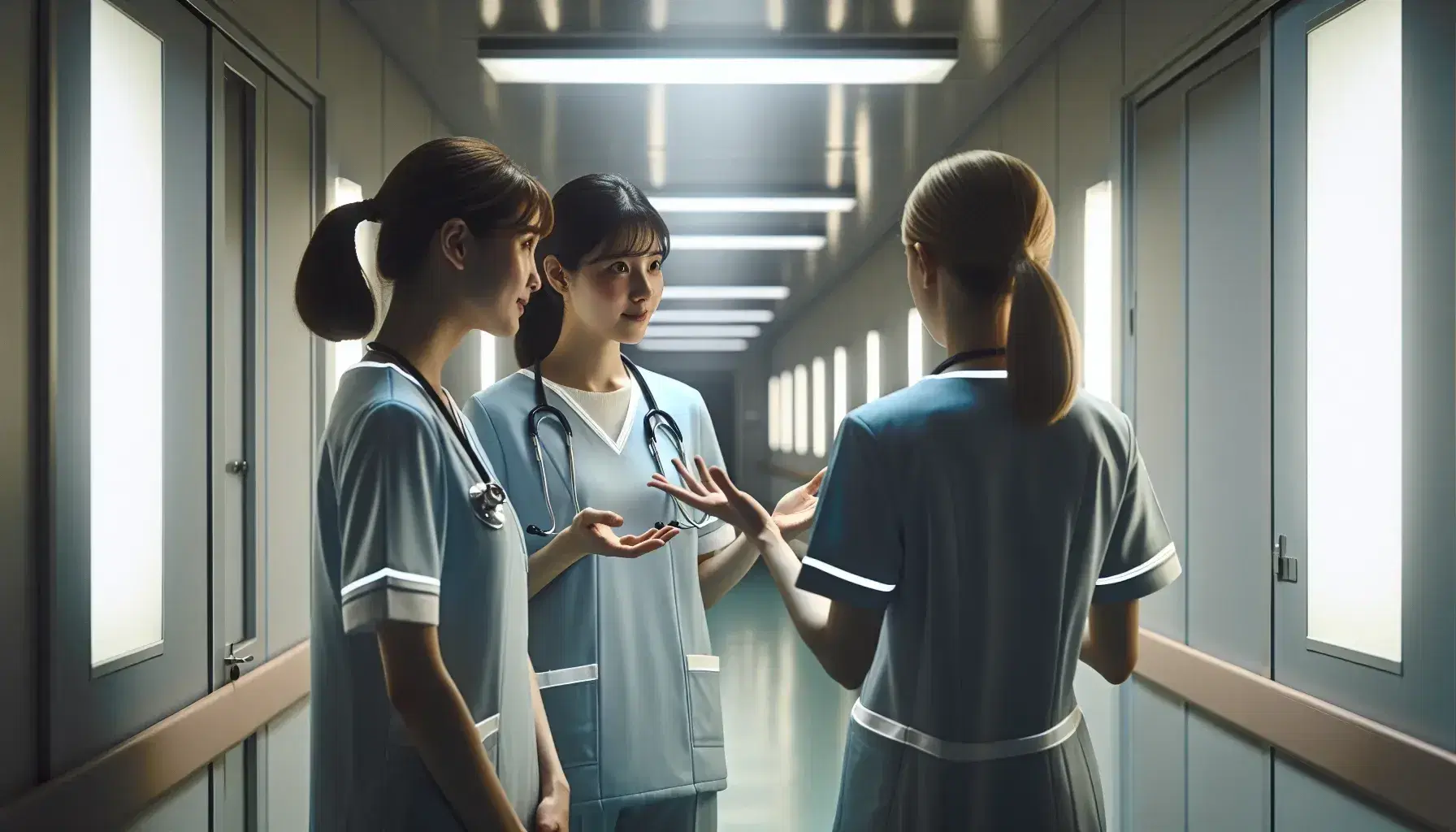 Tres enfermeras en uniformes azules conversan en un pasillo hospitalario iluminado, una con estetoscopio y gestos explicativos.