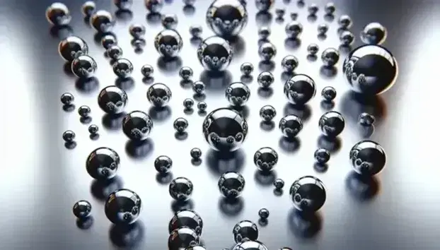 Sfere metalliche lucide di varie dimensioni su superficie riflettente che creano un effetto di prospettiva con giochi di luce e ombre.