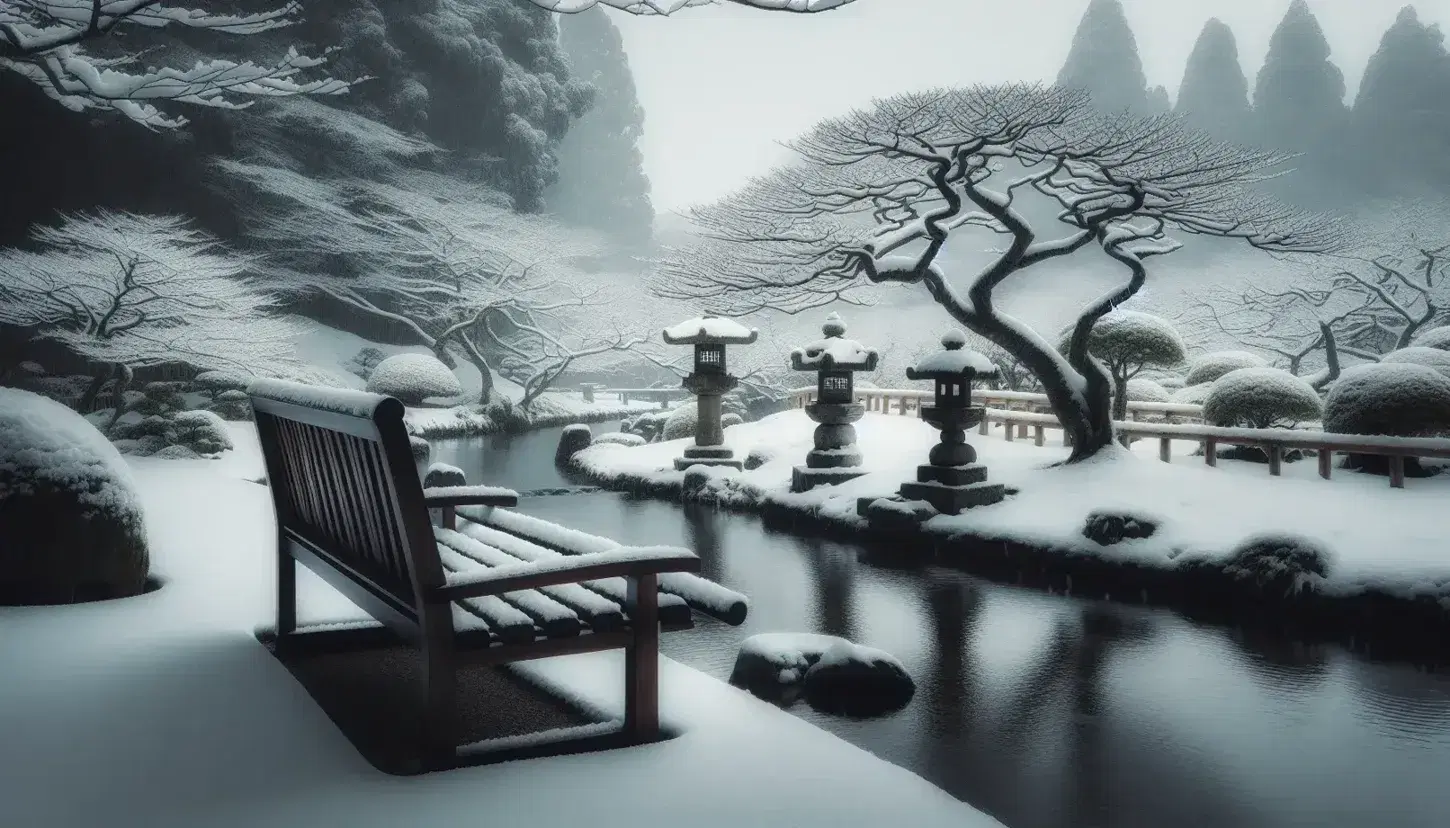 Serene snow-covered Japanese garden with a wooden bench, leafless cherry blossom tree, stone lanterns, a flowing stream, and a bamboo fence.