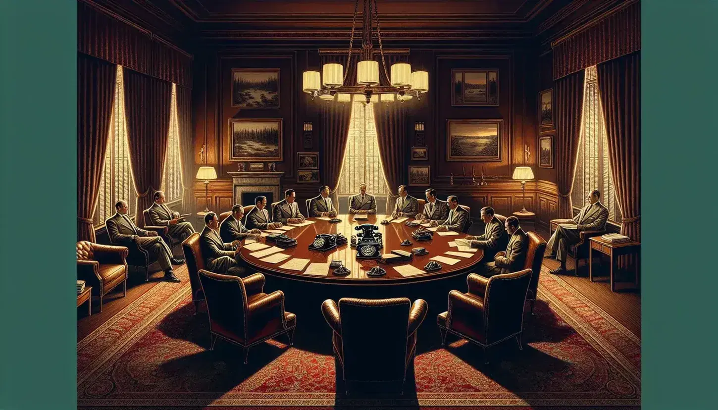 Dimly lit mid-century room with wood-panelled walls, mahogany table, leather chairs, men in suits, rotary phones, maroon curtains, and Persian rug.