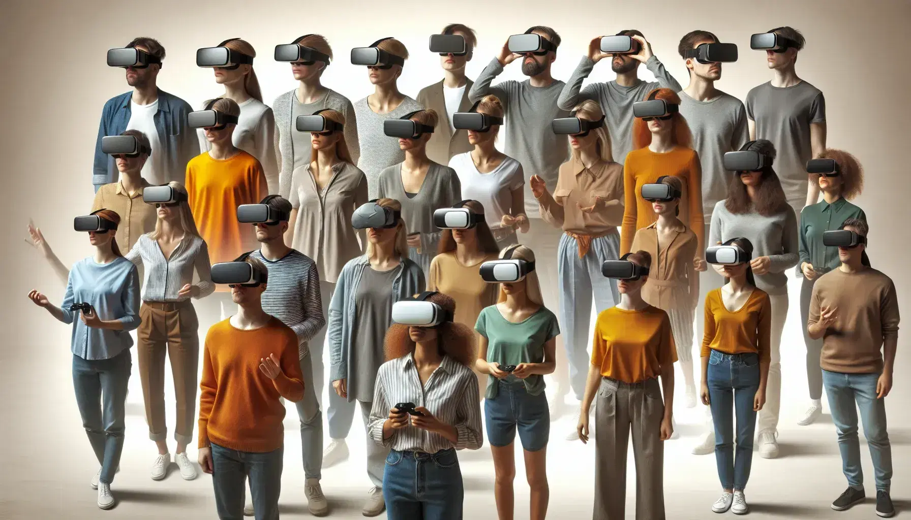 Grupo diverso de personas con gafas de realidad virtual interactuando en entornos virtuales, destacando la inmersión y concentración en una escena con fondo neutro.