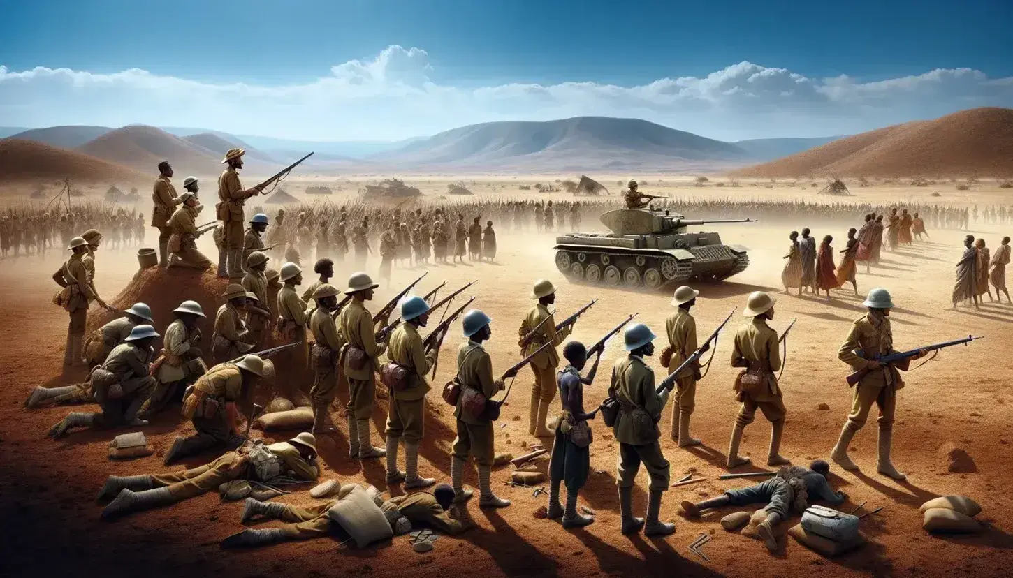 Soldati italiani in uniforme coloniale e carro armato leggero in posizione di tiro in un paesaggio arido con guerrieri etiopi armati di lance.