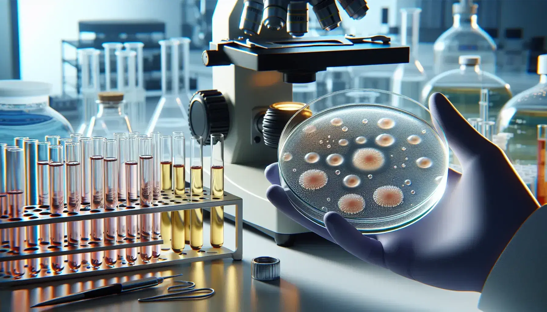 Close-up of a gloved hand holding a petri dish with pink colonies on agar, with an out-of-focus microscope and test tubes in the background.