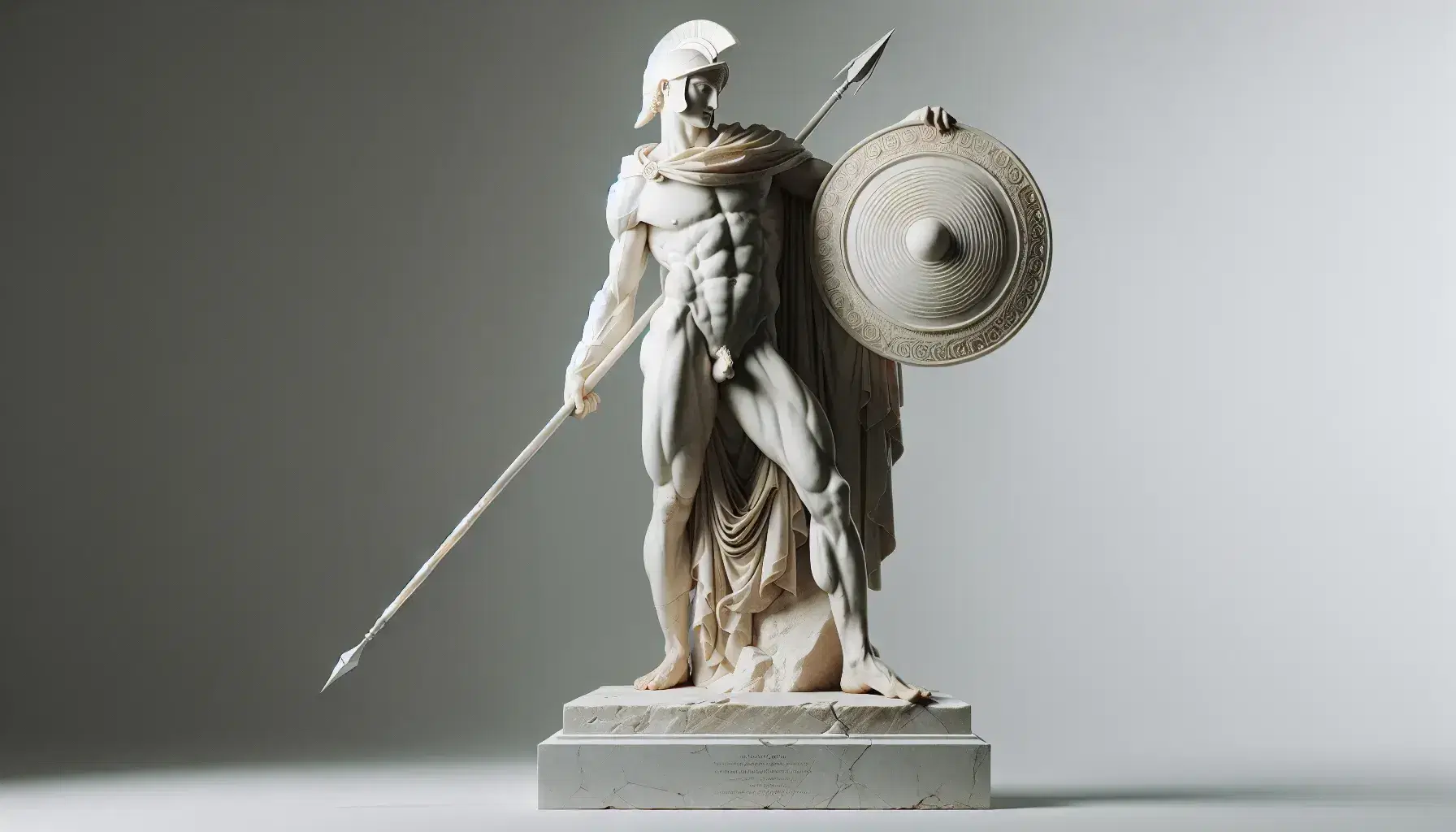 Estatua de mármol blanco de hombre con pose heroica, casco corintio, capa, escudo y lanza, en pedestal, en interior iluminado.
