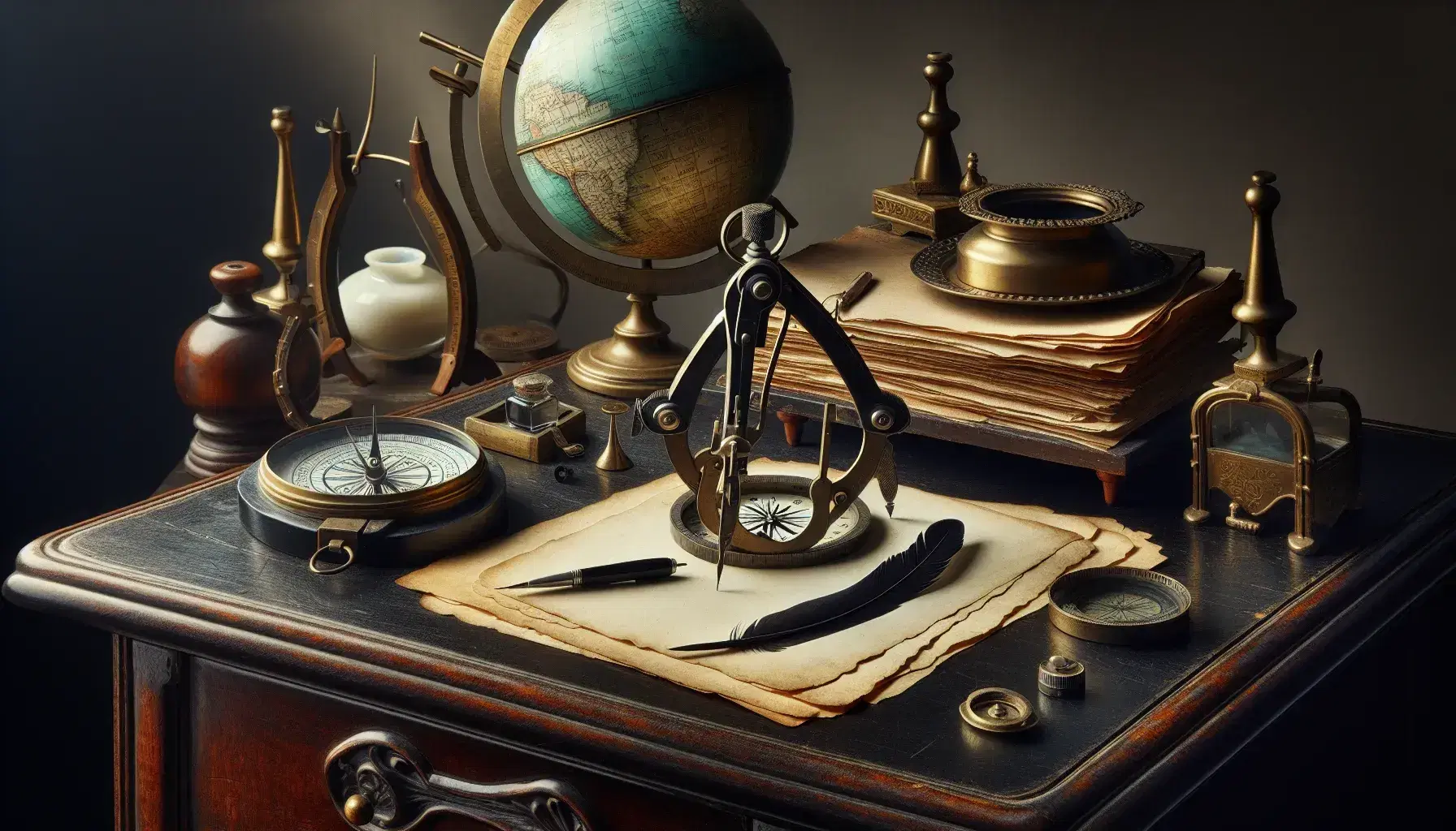 Escritorio antiguo de madera oscura con compás metálico, papeles envejecidos, pluma negra en tintero y sextante de latón junto a un globo terráqueo.