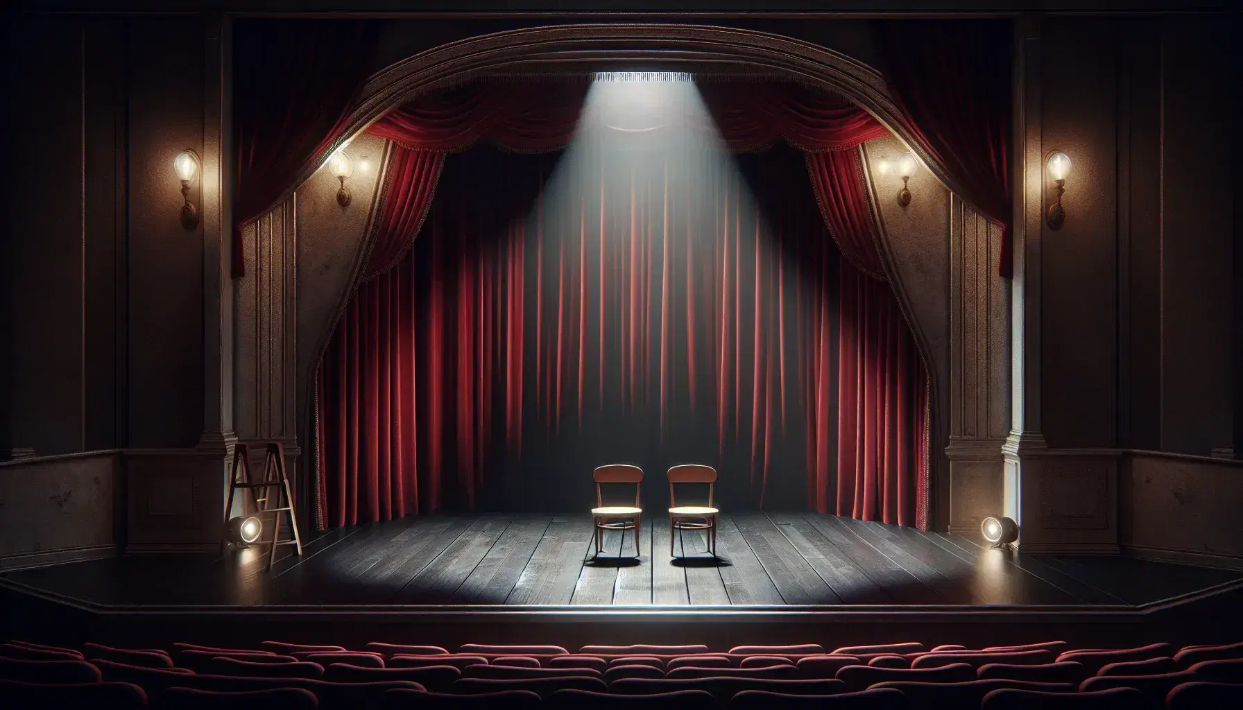 Escenario de teatro vacío con cortinas rojas entreabiertas, sillas de madera enfrentadas y escalera lateral, bajo una iluminación tenue y asientos en penumbra.