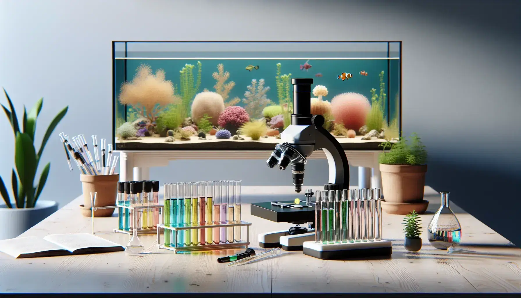 Microscopio moderno en mesa de laboratorio con tubos de ensayo de colores, plato Petri, pipeta y acuario con corales y peces de fondo.