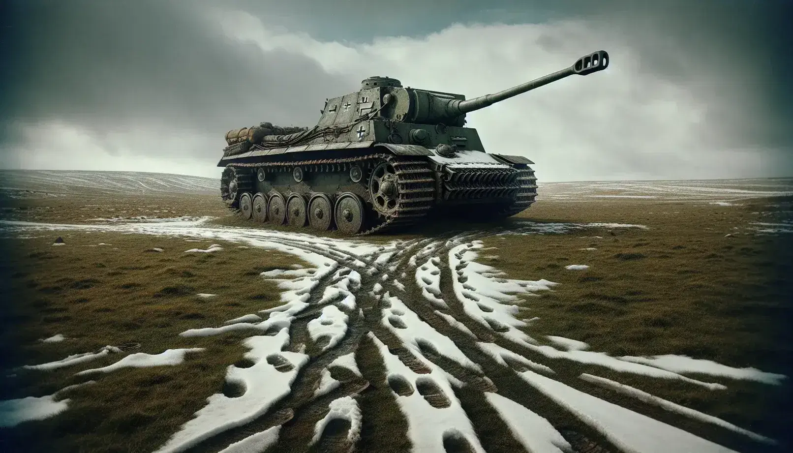 Carro armato tedesco Panzer IV abbandonato in paesaggio invernale con tracce di neve e impronte, cielo grigio nuvoloso.