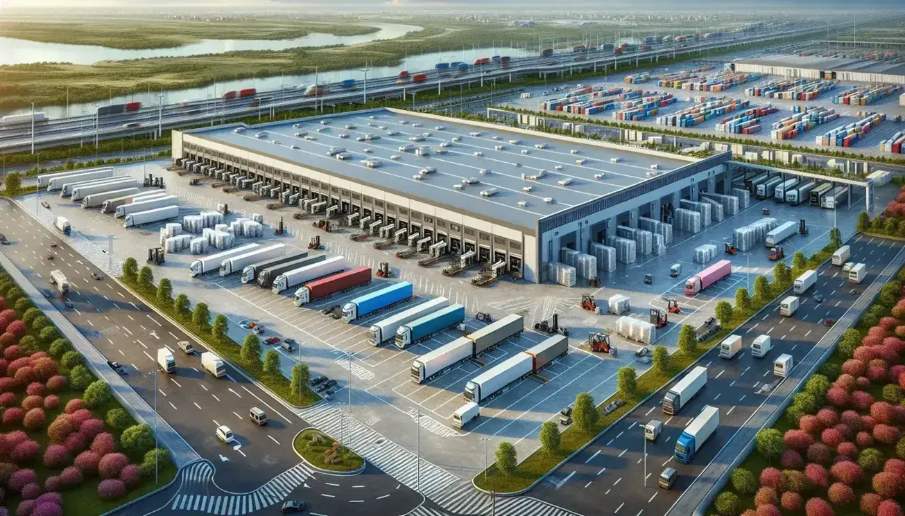 Vista aérea de centro de distribución logístico con camiones en muelles de carga, almacén central, forklifts en movimiento y estacionamiento.