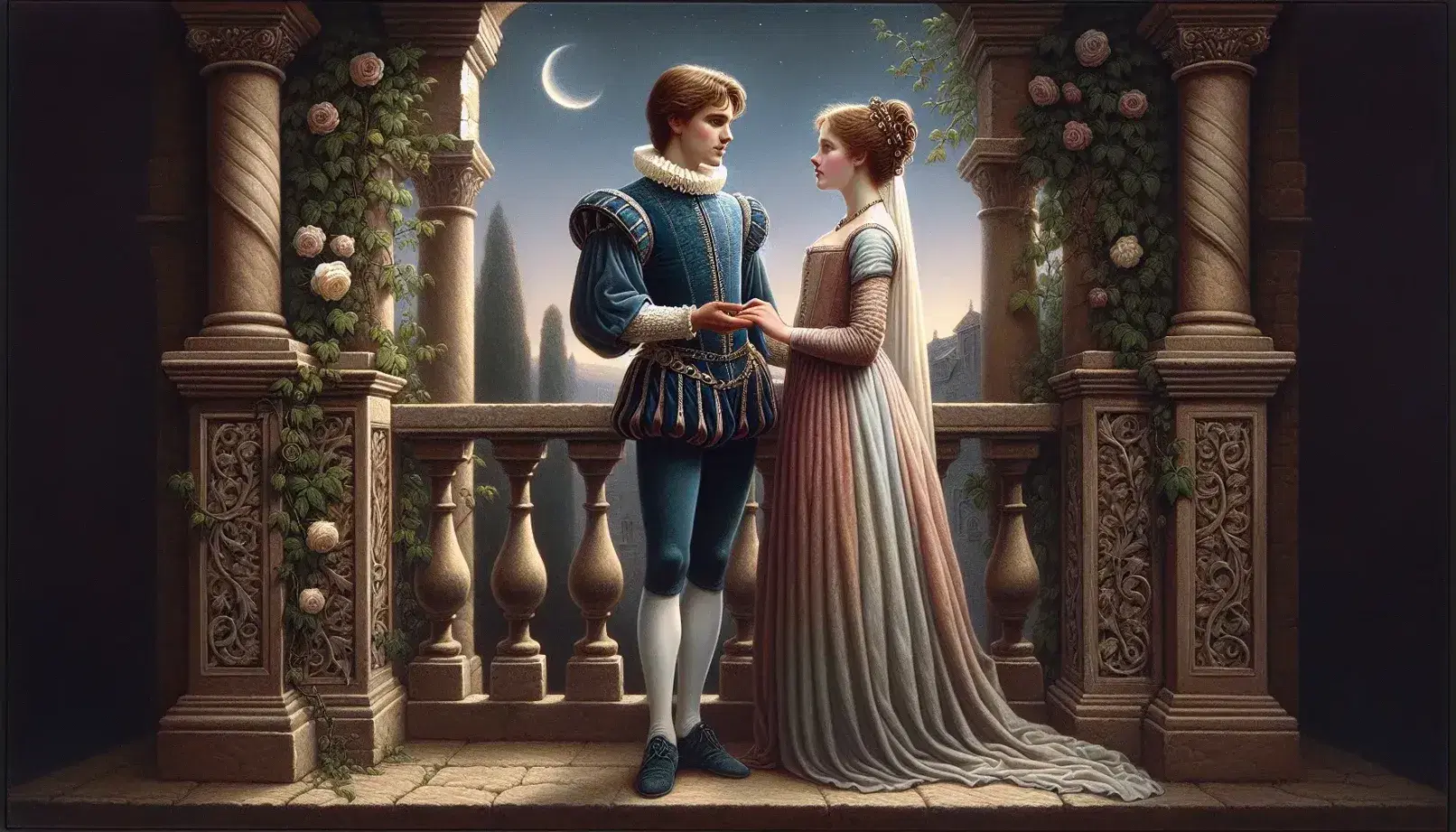 Romeo and Juliet share an intimate moment on a stone balcony adorned with ivy and roses, under a starlit Renaissance night sky.
