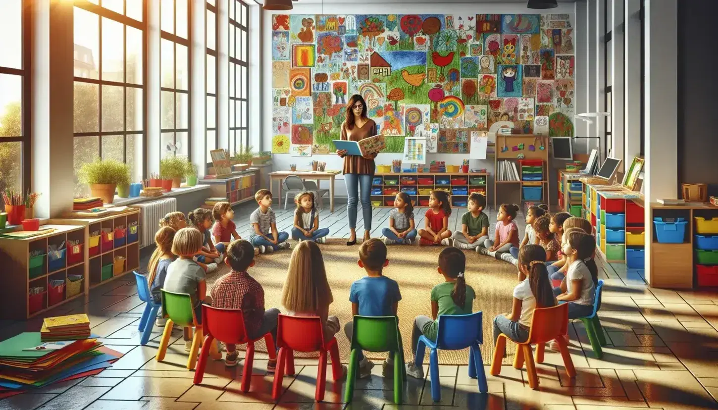 Aula scolastica colorata con bambini seduti in cerchio su sedie di plastica e insegnante che legge un libro, pareti decorate e luce naturale.