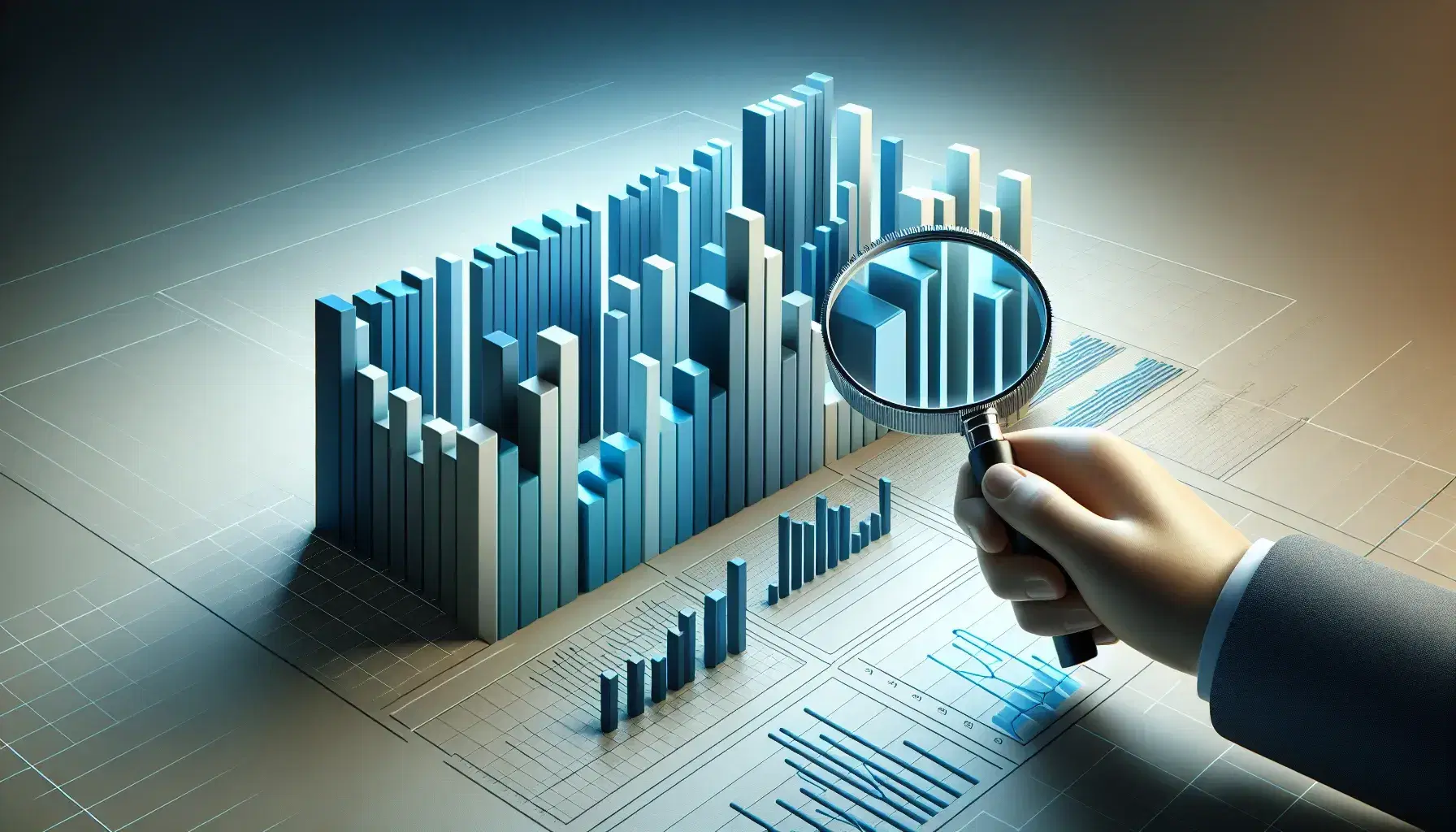 Gráfico de barras tridimensional en degradado de azules con mano sosteniendo lupa que examina detalle de una barra, sin texto visible, en fondo neutro.