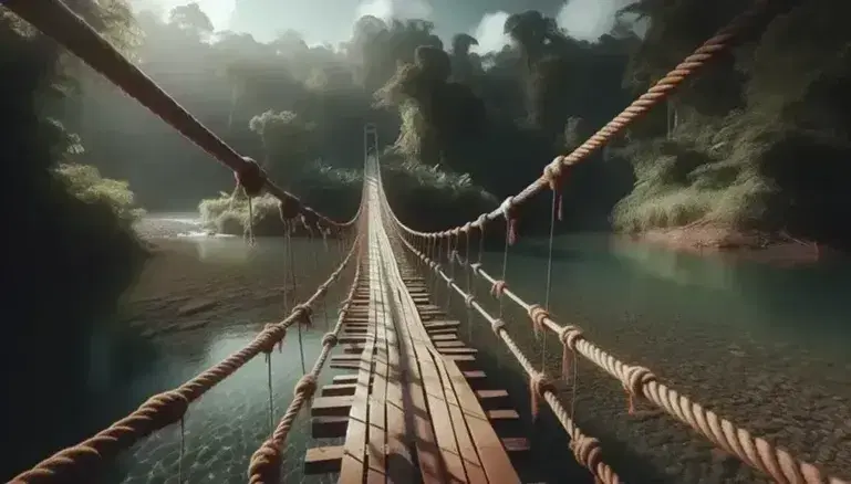 Ponte sospeso in legno con corde nodose attraversa fiume calmo, circondato da vegetazione lussureggiante e cielo azzurro con nuvole sparse.