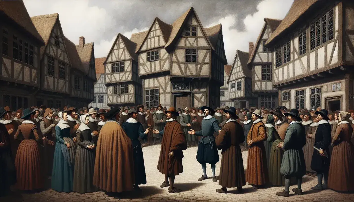 16th-century European town square scene with plainly dressed individuals in a discussion circle, rustic buildings, and a stone church in the background.