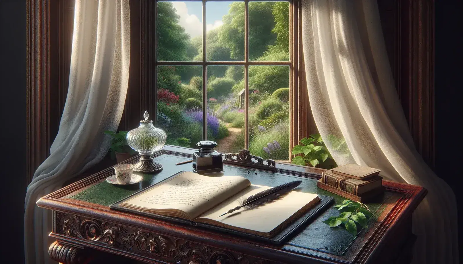 Vintage writing desk with carved legs, open leather-bound notebook, quill pen and inkwell, porcelain cup with lavender, by a window overlooking a lush garden.