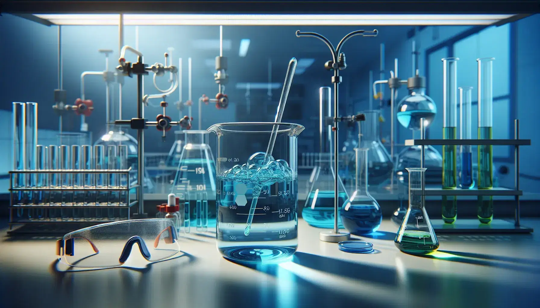 Glass beaker with blue polymerization liquid, stirring rod, safety glasses and nitrile gloves on laboratory bench with fume hood and test tubes.