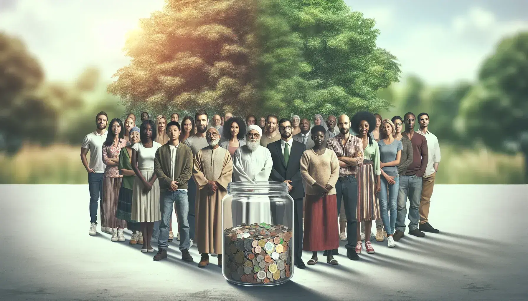 Diverse group of smiling people in a semi-circle around a donation jar with coins and notes, set against a blurred green tree background.