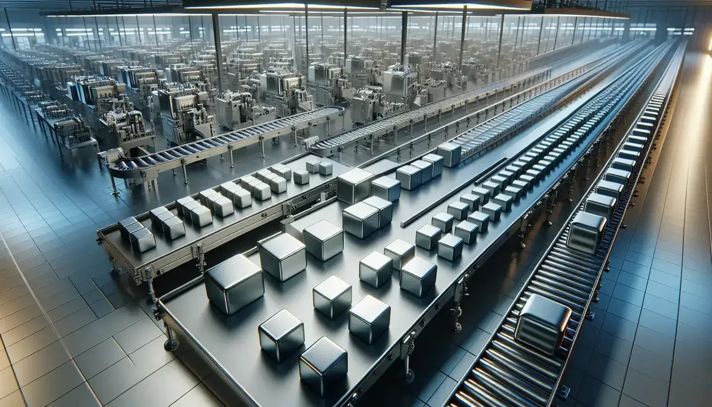 Productos manufacturados geométricos en una línea de ensamblaje dentro de un entorno industrial, reflejando orden y estandarización en la producción.