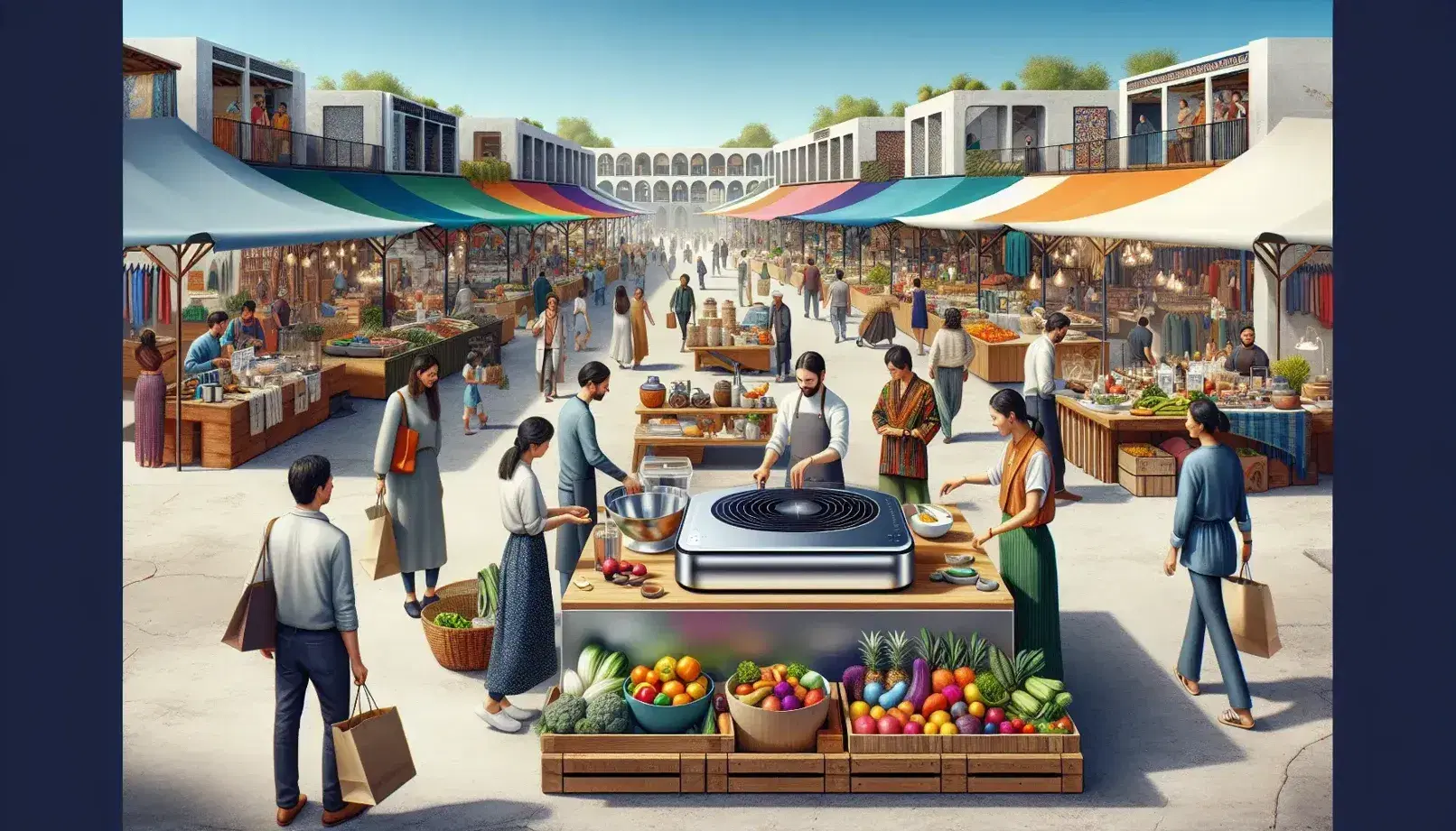 Vibrant outdoor marketplace with diverse shoppers, a modern kitchen appliance demo at a stall, and colorful fresh produce on display under a clear blue sky.