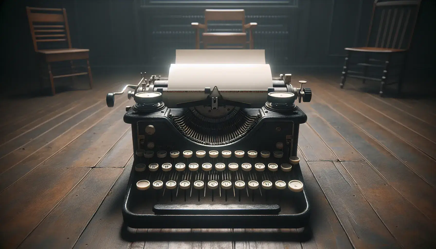 Vintage typewriter with blank paper in a dimly lit room, wooden chair beside it, evoking a quiet, contemplative writing space.