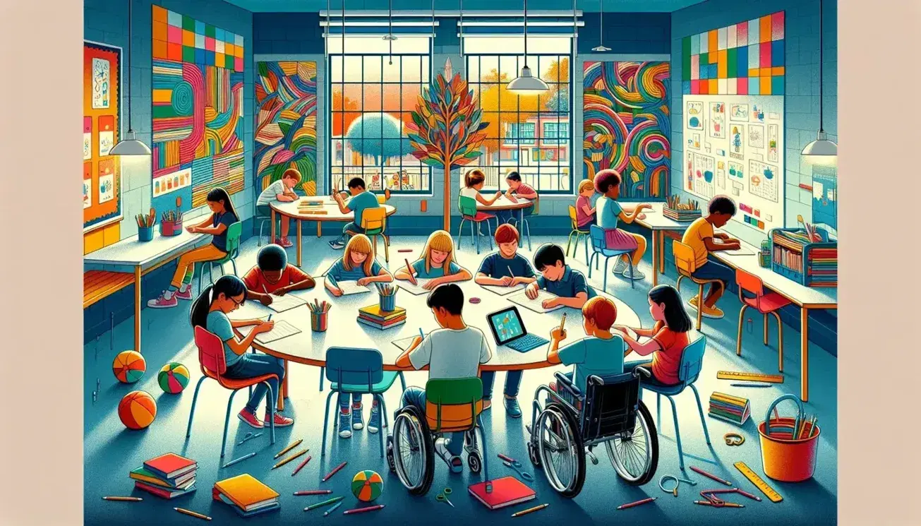 Aula scolastica colorata con studenti diversi attorno a un tavolo rotondo, ragazzo in sedia a rotelle con tablet, disegni astratti sulle pareti.