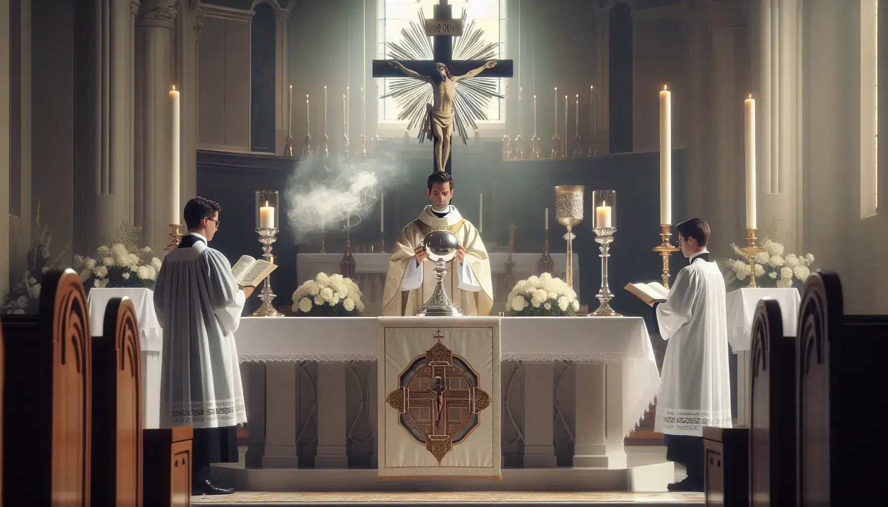 Altar de iglesia católica con sacerdote oficiando la Eucaristía, flanqueado por monaguillos, con crucifijo al fondo y elementos litúrgicos sobre el altar iluminado.