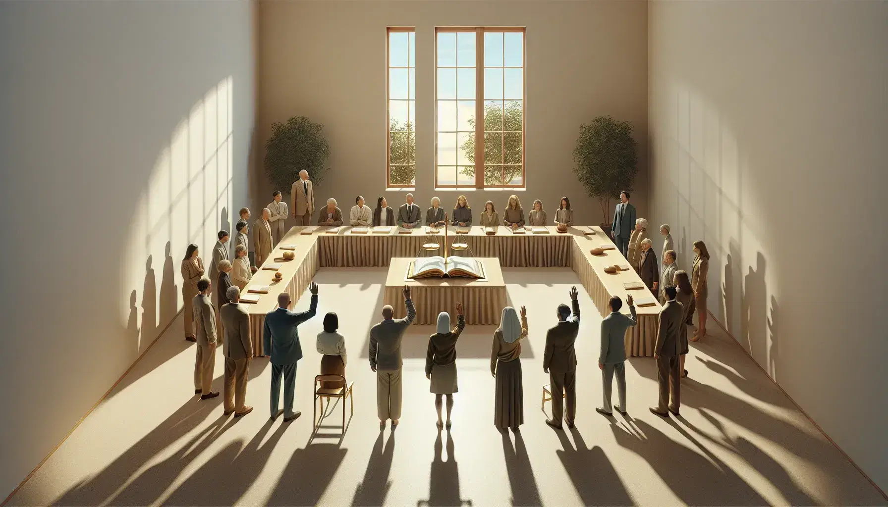 Grupo diverso en reunión alrededor de una mesa con libro abierto, ventana al fondo y balanza de justicia en primer plano.