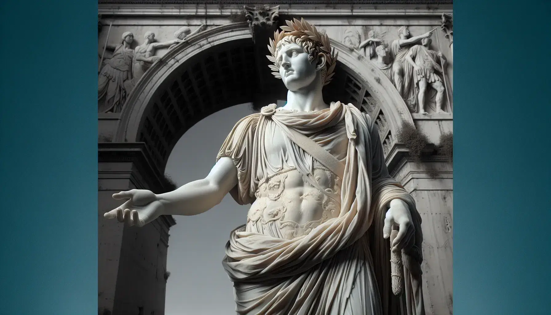 Escultura de mármol blanco de emperador romano con toga y corona de laurel, mano extendida, junto a arco triunfal con columnas corintias y friso bajo cielo azul.
