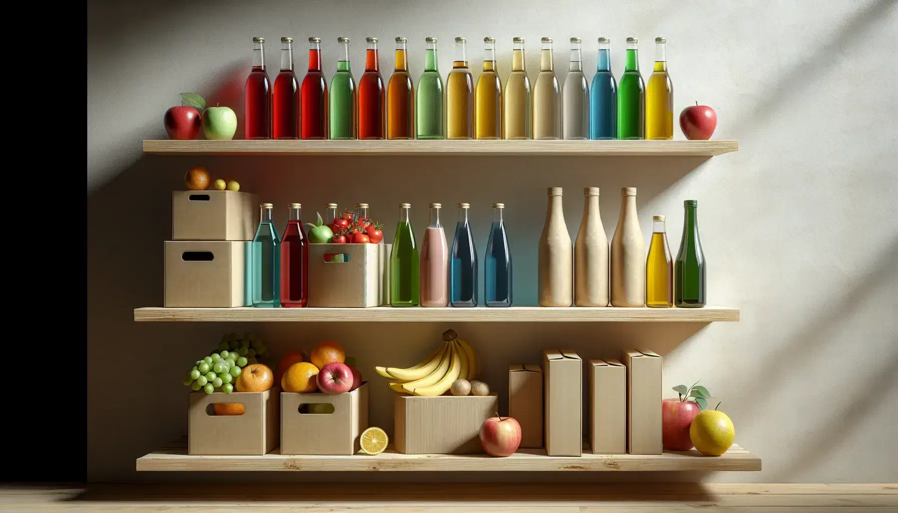 Estante de madera con botellas de vidrio de colores, cajas de cartón y frutas y verduras frescas, sobre fondo blanco y luz suave.