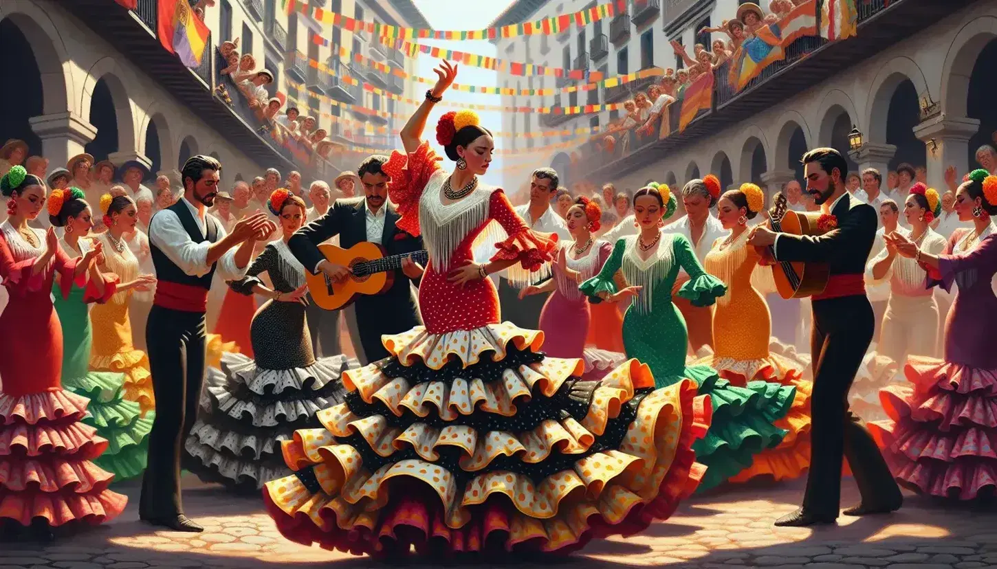 Vibrant flamenco dancers perform on a lively Spanish street with onlookers clapping, a guitarist playing, and festive lights above.