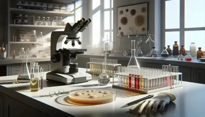 Microscopio elettronico in laboratorio di ricerca biomedica con provette colorate, colture batteriche su agar e pipetta.